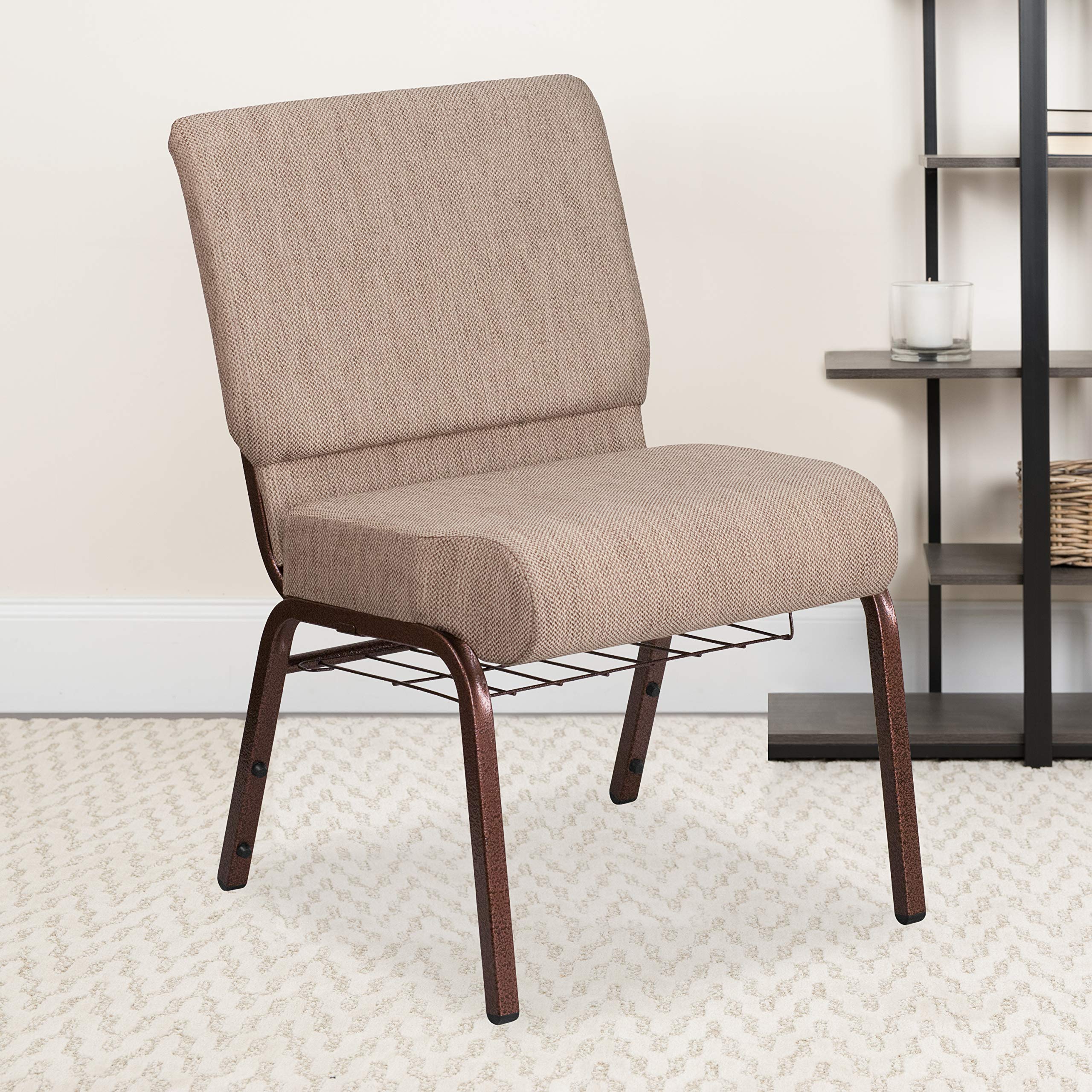 Flash Furniture Hercules Series 21''W Church Chair In Beige Fabric With Book Rack - Copper Vein Frame